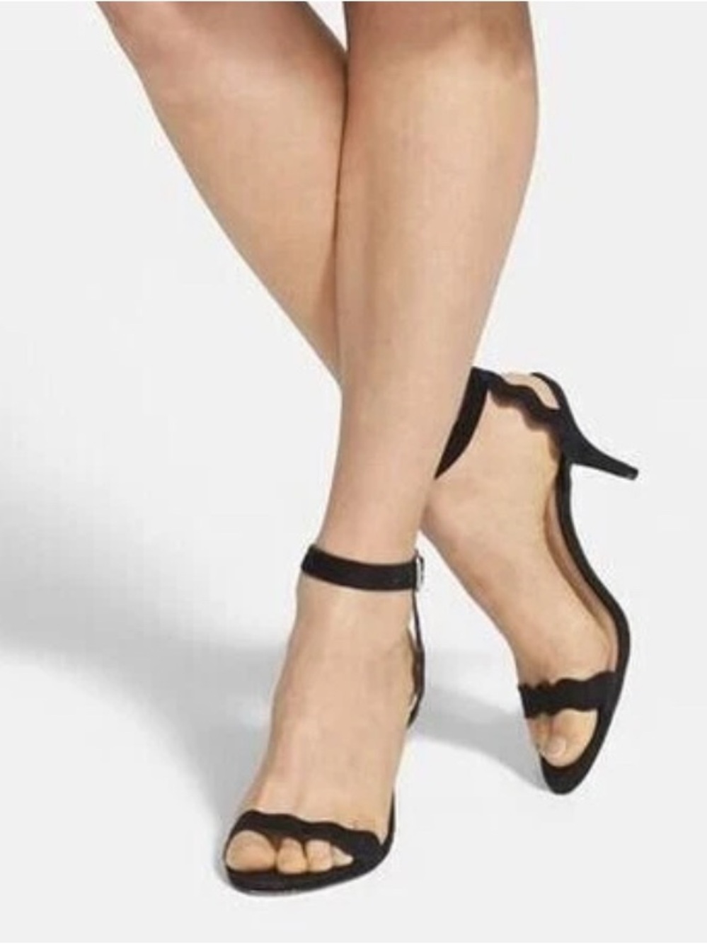 Loeffler Randall Reina BlackSuede Scallop Band Sandal Heels Ankle Strap Size 7 B